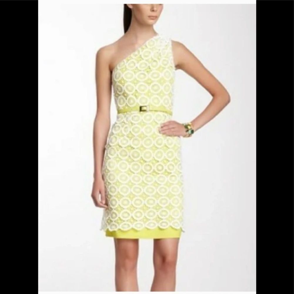 Vince Camuto Yellow White Lace Overlay One Shoulder Mini Dress 8